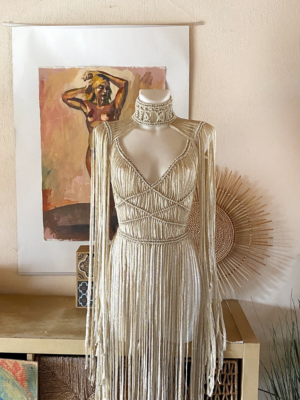 Ivory Fringe Beaded V-Neck Dress with High Neck